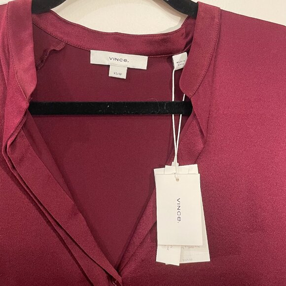 Last Chance! New Vince 100% Silk Split Neck Blouse Burgundy XS $325 - Picture 5 of 6